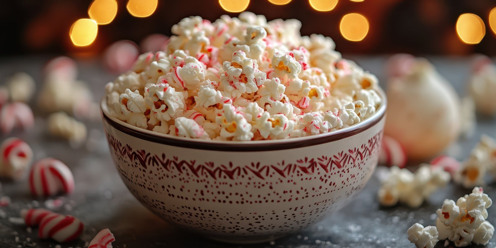 Festive bowl of peppermint popcorn with decorative holiday lights in the background creating a cozy atmosphere